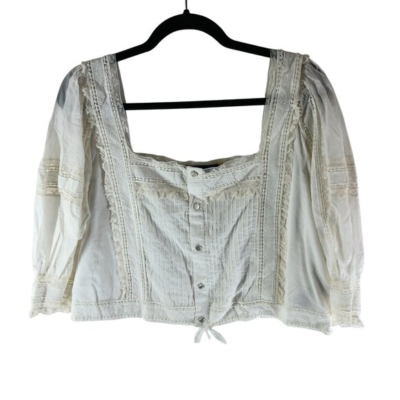 Polo Ralph Lauren Tops - Polo Ralph Lauren White Lace Cotton Voile Blouse Crop Top Cinch Waist 12